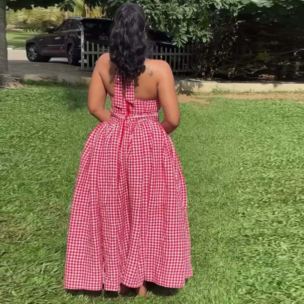ZARA African Fashion Sleeveless Halter Sexy Backless Plaid Maxi Dress